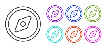 Siyah çizgi pusula simgesi beyaz arkaplanda izole edildi. Rüzgâr yön bulma sembolü. Rüzgar gül işareti. Simgeleri renklendirin. Vektör İllüstrasyonu.