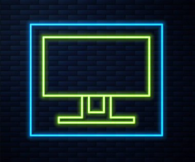 Parlayan neon hattı Akıllı TV simgesi tuğla duvar arka planında izole edildi. Televizyon tabelası. Vektör İllüstrasyonu.