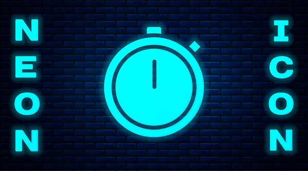 Glowing Neon Stopwatch Icon Isolated Brick Wall Background Time Timer — Stock Vector