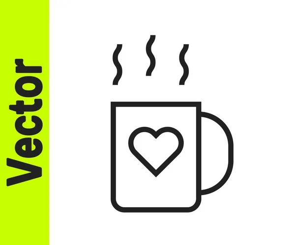 Schwarze Linie Kaffeetasse Und Herz Symbol Isoliert Auf Weißem Hintergrund — Stockvektor