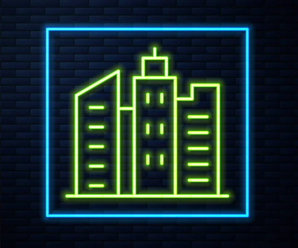 Leuchtende Neon Linie City Landschaft Symbol Isoliert Auf Backsteinmauer Hintergrund — Stockvektor