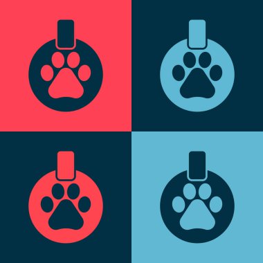 Renk arkaplanında isim etiketi simgesi olan Pop Art Collar. Evcil hayvan malzemeleri. Köpek ya da kedi pençesi izi. Kedi köpek bakımı. Evcil hayvan zincirleri. Vektör