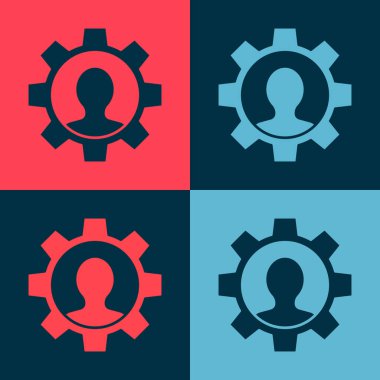 Renk arkaplanında vites simgesi olan Pop Art Human. Yapay zeka. Beyin işaretini düşünüyorum. Beynin sembol çalışması. Vektör