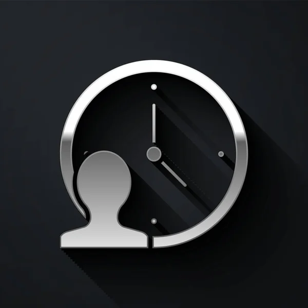 Icono de Silver Time Management aislado sobre fondo negro. Señal de reloj y engranaje. Símbolo de productividad. Estilo de sombra larga. Vector — Vector de stock