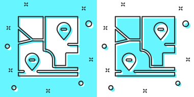 Yeşil ve beyaz arkaplan üzerinde konum belirleyici simgesi olan siyah çizgi katlanmış harita. Rastgele dinamik şekiller. Vektör