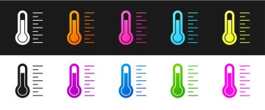 Meteoroloji termometresi siyah ve beyaz arkaplanda izole edilmiş ikon ölçüsü ayarla. Termometre termometresi sıcak ya da soğuk hava gösteriyor. Vektör