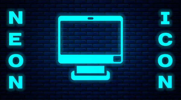 Parlayan neon bilgisayar ekran simgesi tuğla duvar arka planında izole edildi. Elektronik cihaz. Ön manzara. Vektör — Stok Vektör