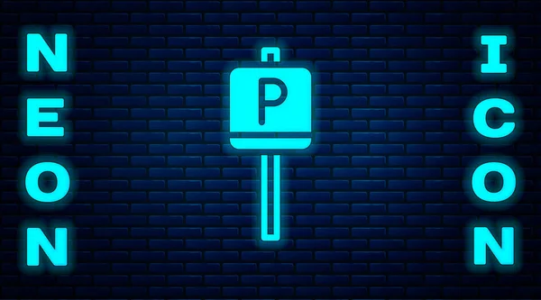 Parlayan neon park ikonu tuğla duvar arka planında izole edilmiş. Sokak tabelası. Vektör — Stok Vektör