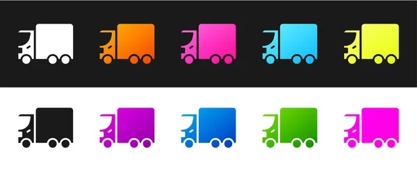 Ensemble livraison camion cargo icône du véhicule isolé sur fond noir et blanc. Vecteur — Image vectorielle