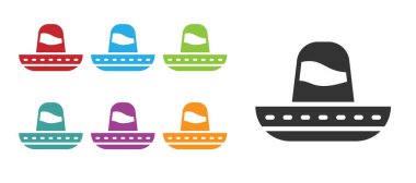 Siyah Geleneksel Meksika sombrero şapka ikonu beyaz arka planda izole edildi. Simgeleri renklendirin. Vektör