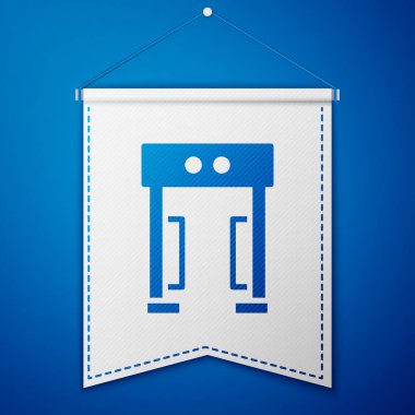 Mavi arkaplanda mavi metal dedektör simgesi izole edildi. Havaalanı güvenlik görevlisi metal dedektör kontrol noktasında. Beyaz flama şablonu. Vektör