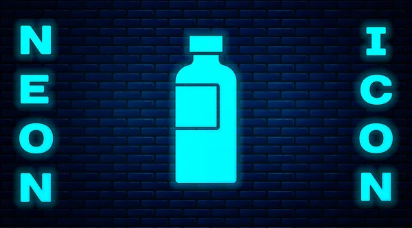 Gloeiende neon Fitness shaker pictogram geïsoleerd op bakstenen muur achtergrond. Sportshaker fles met deksel voor water en proteïne cocktails. Vector — Stockvector