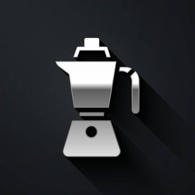 Gümüş kahve makinesi moca pot ikonu siyah arka planda izole edildi. Uzun gölge tarzı. Vektör