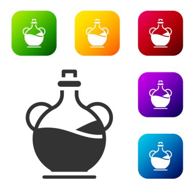 Beyaz arka planda izole edilmiş siyah zeytin yağı ikonu. Zeytinyağı ikonlu sürahi. Renkli kare düğmelerle simgeleri ayarla. Vektör