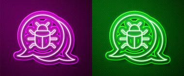 Parlayan neon çizgisi sistem hata konsepti simgesi mor ve yeşil arkaplanda izole edildi. Kod hatası konsepti. Sistemde hata var. Böcek araması. Vektör