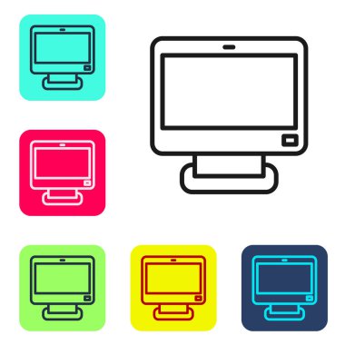 Siyah çizgi bilgisayar ekranı ekranı simgesi beyaz arkaplanda izole edildi. Elektronik cihaz. Ön manzara. Renkli kare düğmelerle simgeleri ayarla. Vektör