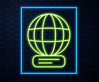 Işıldayan neon hattı dünya çapında ikon tuğla duvar arka planında izole edildi. Yerküreye iğnele. Vektör