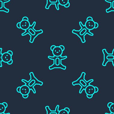 Yeşil çizgi Teddy ayı peluş oyuncak ikonu mavi arka planda izole edilmiş pürüzsüz desen. Vektör