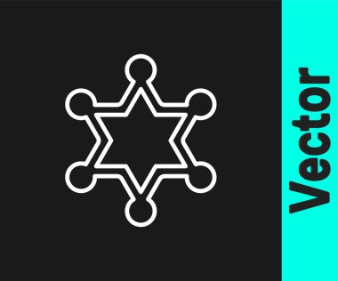 Beyaz çizgi şerifi Hexagram simgesi siyah arka planda izole edildi. Polis rozeti ikonu. Vektör