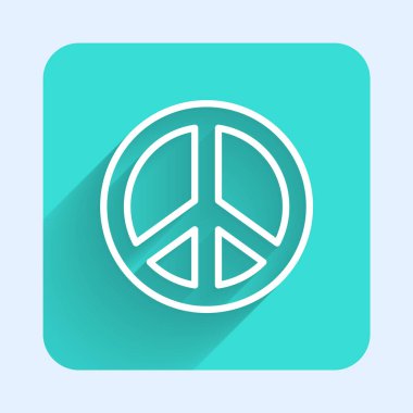 Beyaz çizgi barış simgesi uzun gölgelerle izole edilmiş. Hippi barış sembolü. Yeşil kare düğmesi. Vektör