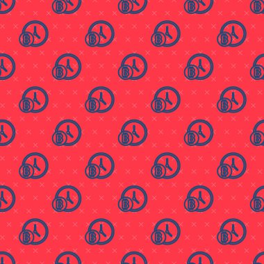 Mavi çizgi Şifreleme Bozukluğu Bitcoin saat simgesi ile izole edilmiş kırmızı zemin üzerinde dikişsiz desen. Madeni para. Engelleme zinciri tabanlı şifreli para birimi. Vektör