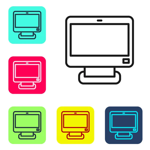 Ligne noire Écran d'ordinateur icône isolée sur fond blanc. Appareil électronique. Vue de face. Définir des icônes dans des boutons carrés de couleur. Vecteur — Image vectorielle