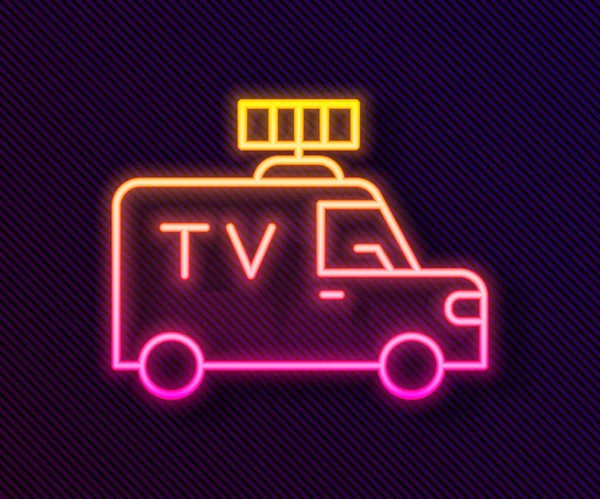 Gloeiende neon lijn TV Nieuws auto met apparatuur op het dak pictogram geïsoleerd op zwarte achtergrond. Vector — Stockvector