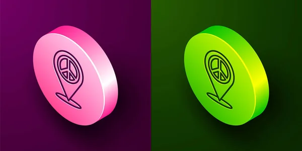 Línea isométrica Localización icono de paz aislado sobre fondo púrpura y verde. Símbolo hippie de paz. Botón de círculo. Vector — Archivo Imágenes Vectoriales