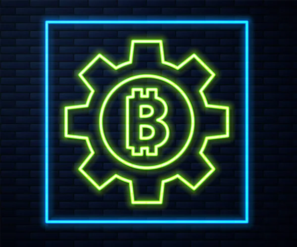 Glowing neon line Cryptocurrency coin Bitcoin icon isolated on brick wall background. Gear and Bitcoin setting. Blockchain based secure crypto currency. Vector — Stock Vector