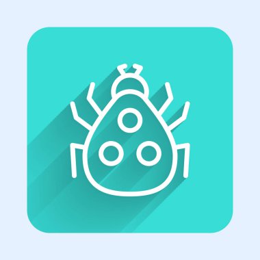 Beyaz çizgi uğur böceği simgesi uzun gölgeli izole edilmiş. Yeşil kare düğmesi. Vektör