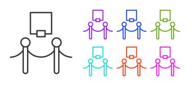 Siyah çizgi resim çerçevesi ve ip bariyeri simgesi beyaz arkaplanda izole edildi. Sergi koruması. Müzenin içi. Simgeleri renklendirin. Vektör