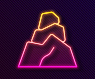 Parlayan neon çizgisi kaya taşları simgesi siyah arkaplanda izole edildi. Vektör