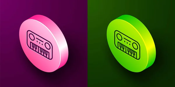 Isometric line Toy piano icon isolated on purple and green background. Children toy. Circle button. Vector — Stock Vector