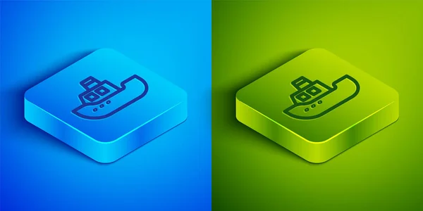Isometric line Toy boat icon isolated on blue and green background. Square button. Vector — Stock Vector