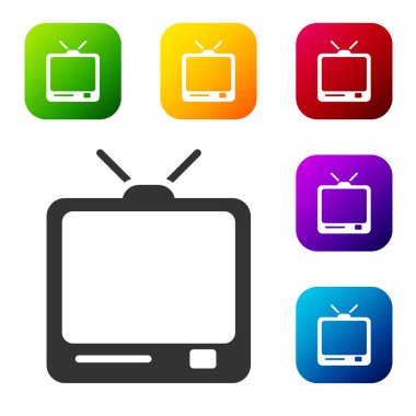 Siyah Retro TV simgesi beyaz arkaplanda izole edildi. Televizyon tabelası. Renkli kare düğmelerle simgeleri ayarla. Vektör İllüstrasyonu