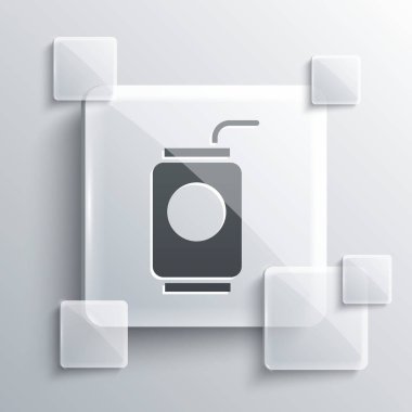 Gri arka planda izole edilmiş saman ikonu içen gri soda kutusu. Kare cam paneller. Vektör İllüstrasyonu