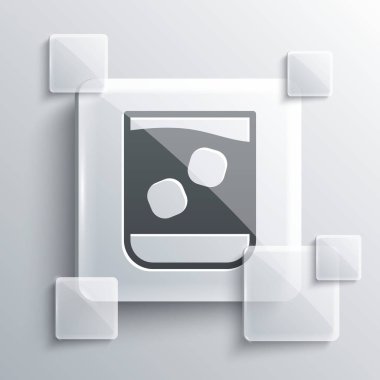 Gri arka planda izole edilmiş gri viski ve buz küpleri ikonu. Kare cam paneller. Vektör İllüstrasyonu