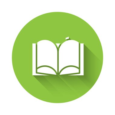 Beyaz Açık Kitap simgesi uzun gölgeyle izole edildi. Yeşil daire düğmesi. Vektör İllüstrasyonu