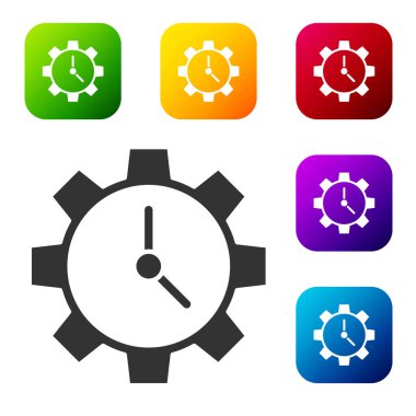 Siyah Zaman Yönetimi simgesi beyaz arkaplanda izole edildi. Saat ve vites tabelası. Üretkenlik sembolü. Renkli kare düğmelerle simgeleri ayarla. Vektör İllüstrasyonu