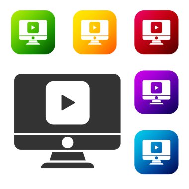 Siyah Online video oynatma simgesi beyaz arkaplanda izole edildi. Bilgisayar monitörü ve oyun işaretli film şeridi. Renkli kare düğmelerle simgeleri ayarla. Vektör İllüstrasyonu