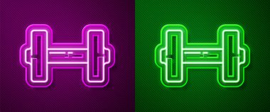 Parlayan neon hattı Dumbbell simgesi mor ve yeşil arkaplanda izole edildi. Kas kaldırma ikonu, fitness halteri, spor aletleri, egzersiz yaban domuzu. Vektör İllüstrasyonu