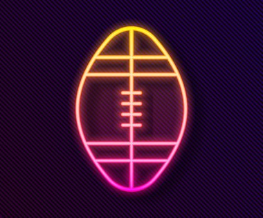 Parlayan neon hattı rugby topu simgesi siyah arkaplanda izole edildi. Vektör İllüstrasyonu