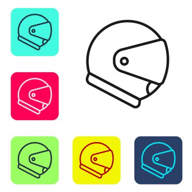 Siyah çizgi başlık simgesi beyaz arkaplanda izole edildi. Olağanüstü bir spor. Spor malzemeleri. Renkli kare düğmelerle simgeleri ayarla. Vektör İllüstrasyonu