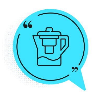 Beyaz zemin üzerinde izole edilmiş bir filtre simgesi olan siyah çizgi su testisi. Mavi konuşma balonu sembolü. Vektör İllüstrasyonu