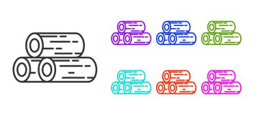 Siyah çizgi tahta kütük simgesi beyaz arkaplanda izole edildi. Yakacak odun yığını. Simgeleri renklendirin. Vektör İllüstrasyonu