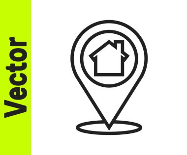Beyaz zemin üzerinde ev simgesi olan siyah çizgi haritası işaretçisi. Ev konumu belirleyici sembol. Vektör İllüstrasyonu