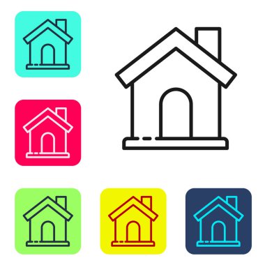 Beyaz arka planda siyah çizgi ev simgesi izole edildi. Ev sembolü. Renkli kare düğmelerle simgeleri ayarla. Vektör İllüstrasyonu