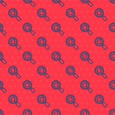 Mavi çizgi arama evi simgesi kırmızı arkaplanda izole edilmiş kusursuz desen. Büyüteç altındaki bir evin emlak sembolü. Vektör İllüstrasyonu