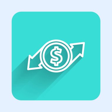 Beyaz çizgi finansal büyüme ve madeni para ikonu uzun gölgeli izole edilmiş. Gelirleri arttırıyorum. Yeşil kare düğmesi. Vektör İllüstrasyonu