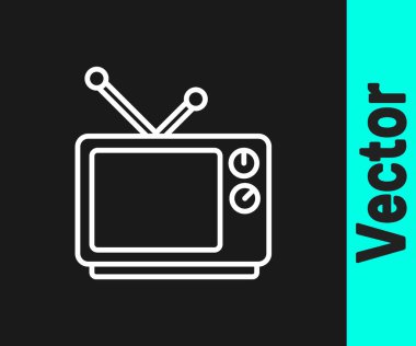 Beyaz çizgi Retro TV simgesi siyah arkaplanda izole edildi. Televizyon tabelası. Vektör İllüstrasyonu